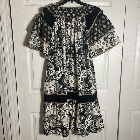 Vintage 70s Krist Gudnason California Dress Women Medium Black White Tan Floral - Picture 4 of 10